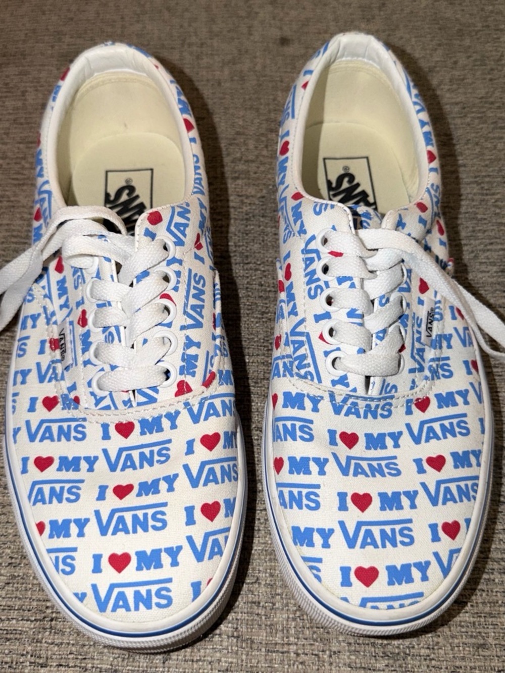 Vans Kids White Canvas Sneakers with Blue Logo & Red Heart Print
